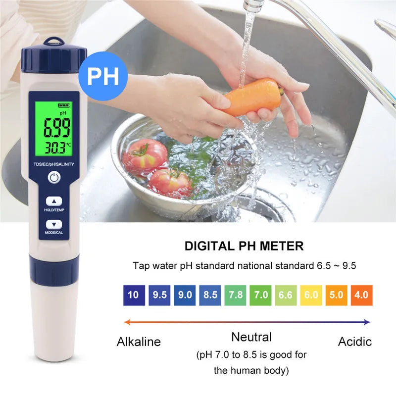 5 in 1 Water Quality Tester Digital TDS/EC/PH/Salinity/Temperature Meter