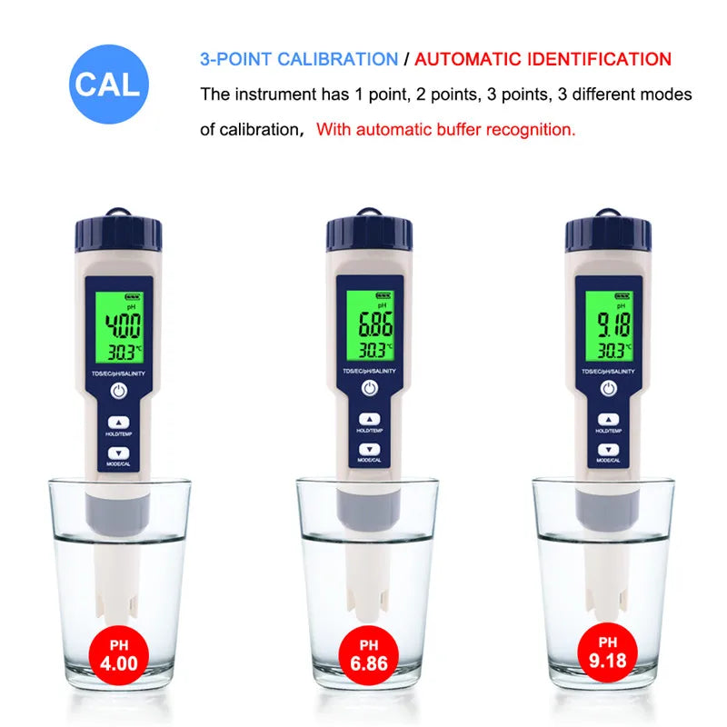 5 in 1 Water Quality Tester Digital TDS/EC/PH/Salinity/Temperature Meter