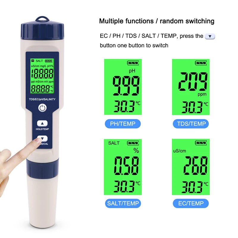 5 in 1 Water Quality Tester Digital TDS/EC/PH/Salinity/Temperature Meter